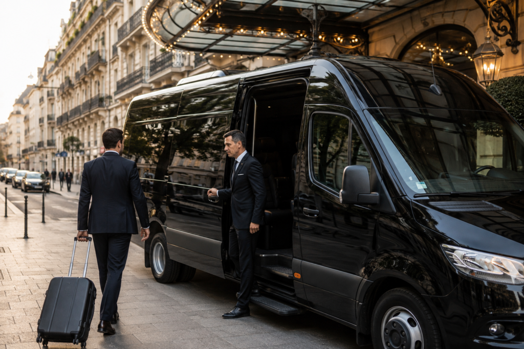 Minibus rental with driver Lyon – chauffeur-driven Mercedes Sprinter for airport transfers and group travel in Lyon, France.